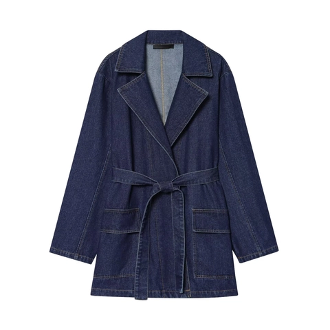 Women Denim Trench Coat Long Sleeve Turn Down Collar Waist Tie Belt Mid Length Casual Solid Indigo Blue Jacket Outwear
