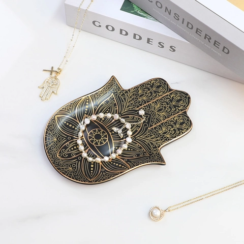 Bandeja Joyas Cerámica Mano De Fátima Plato Evil Eye Mandala Borde Dorado Decoración Hogar Bohemio Organizador Almacenaje