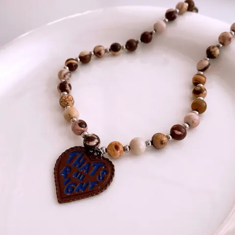Collier De Perles Pendentif Cœur Style Ethnique Vintage Texture Pierre Marbre Alliage Impression Lettres Femmes
