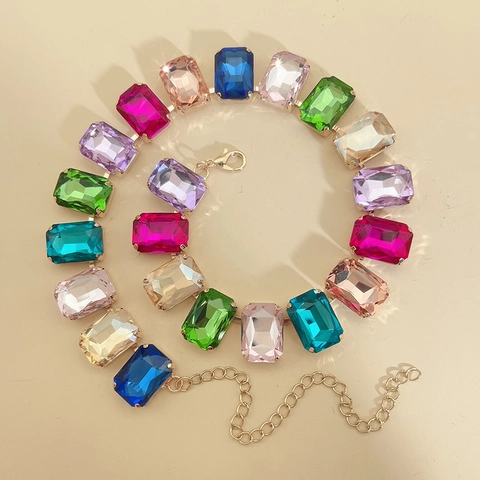 Modische Damen Kupfer Halskette Rechteckige Kristall Edelstein Statement Bunte Geometrische Choker Verstellbare Kette Schmuck