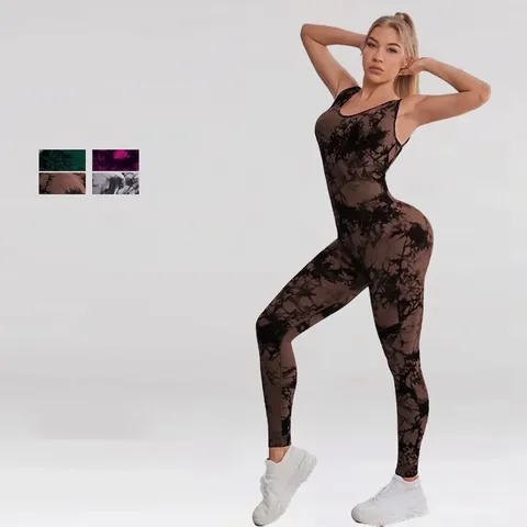 Nahtloser Yoga Jumpsuit Nylon Spandex Tie Dye Marmor Rückenfrei Crisscross Hochelastischer Workout Bodysuit Für Damen