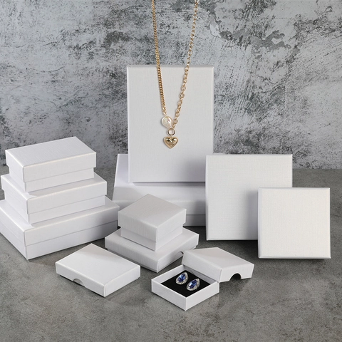 Weiße Leinenstruktur Schmuck Geschenkbox Quadratische Rechteckige Papierhülle Für Ring Halskette Ohrring Armband Display Lagerung Organizer
