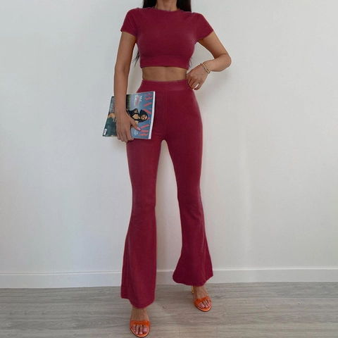 Rippstrick Kurzarm Crop Top Und Hohe Taille Schlaghose Einfarbig Slim Fit Casual Outfits Für Damen