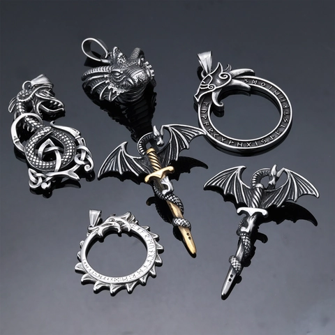 Retro Dragon Pendant Necklace Stainless Steel Runic Celtic Knot Gothic Punk Norse Viking Mythology Jewelry For Men Women