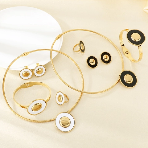 Geometrische Ronde Sieradenset Roestvrij Staal Emaille Ketting Armband Ring Oorbellen Mode Dames Sieraden