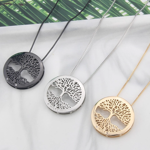 Tree Of Life Round Hollow Pendant Necklace Copper Zircon Vida Engraving Fashion Jewelry For Women