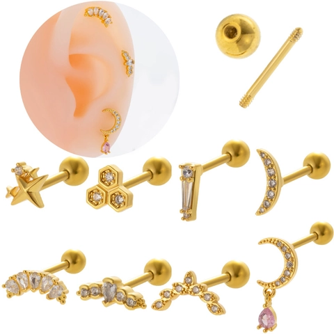 Stainless Steel Cartilage Stud Earring With Zircon Heart Moon Shape Threaded Ball Back Fashion Piercing Jewelry Women