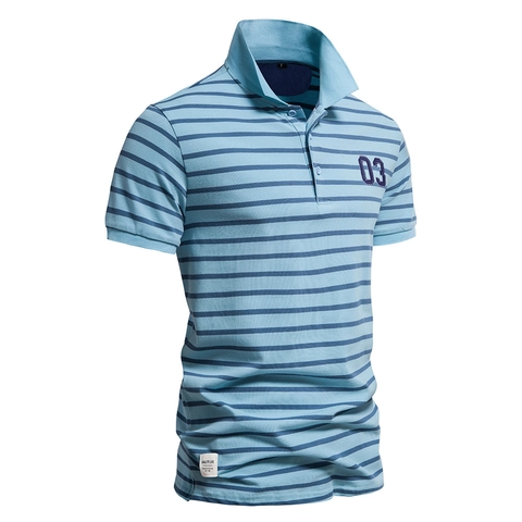 Herren Kurzarm Polo Hemd Gestreift Gekämmte Baumwolle Atmungsaktiv Lässig Umlegekragen Stickerei Detail Oberteil