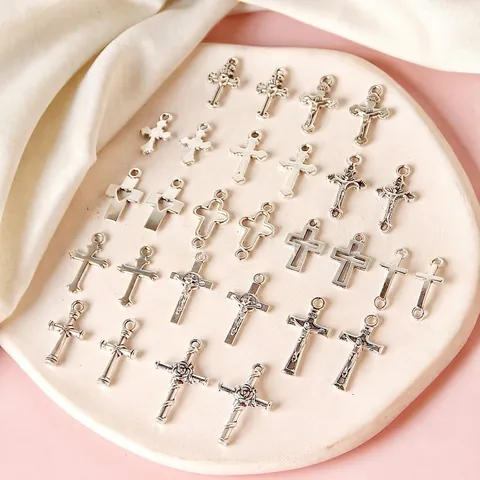 Vintage Antique Silver Alloy Cross Pendants Rose Heart Charms For DIY Jewelry Making Earrings Necklace Making Accessories