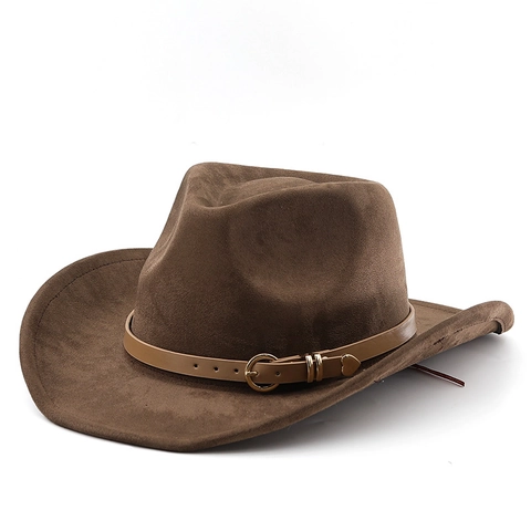 Retro Western Cowboyhoed Suède Polyester Brede Rand Met Leren Riemgesp Outdoor Reizen Jazz Stijl