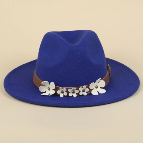 Chapeau Fedora Vintage En Feutre De Laine Femmes Élégant À Bord Large Avec Décoration De Ceinture À Fleurs En Cuir Blanc Et Rivets