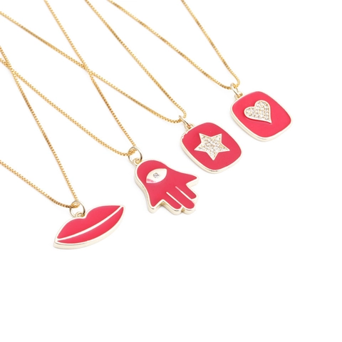Collar Con Colgante Circonita Cobre Esmalte Rojo Corazón Estrella Mano De Fátima Labio Chapado En Oro Joyas Para Mujer