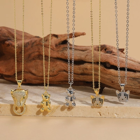 Animal Pendant Necklace Copper Zircon Leopard Bear Cat Head Design Ins Style Light Luxury Jewelry Women Trendy Accessories