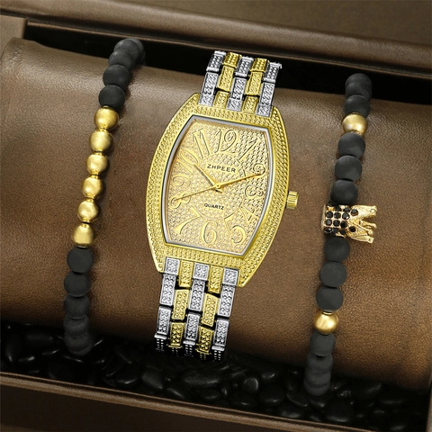 Luxurious Men Quartz Watch Rhinestone Inlaid Tonneau Dial Alloy Strap Business Wristwatch Fashion Gift Watch For Men