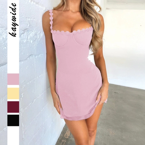 Women Lace Trim Cami Mini Dress Sexy Corset Style Spaghetti Strap Summer Party Bodycon Solid Color Slim Fit