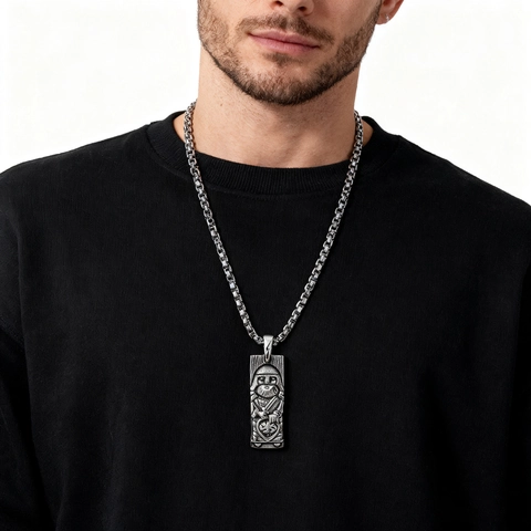 Viking Warrior Odin Pendant Necklace Stainless Steel Embossed Rectangle Retro Nordic Punk Men