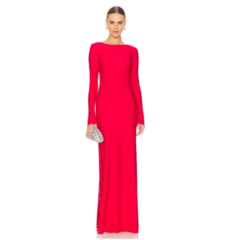 Maxi Jurk Dames Polyester Spandex Lange Mouw Open Rug Zilver Blad Rhinestone Sexy Avondfeest Elegant