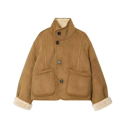 Women Suede Faux Lamb Wool Jacket Stand Collar Button Up Short Coat With Patch Pockets Vintage Casual Streetwear