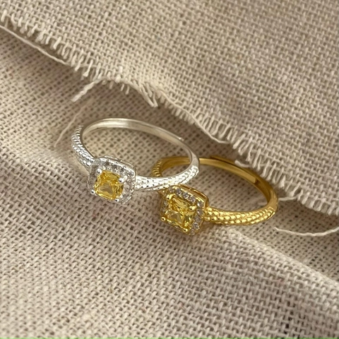 925 Sterling Silver Yellow Square Zircon Halo Ring Twisted Braid Band Adjustable Open Jewelry For Women
