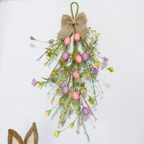 Easter Ei Swag Künstliche Blumengirlande Mit Schaumstoff Eiern Papierblumen Leinen Schleife Polyester Blätter Wand Tür Deko