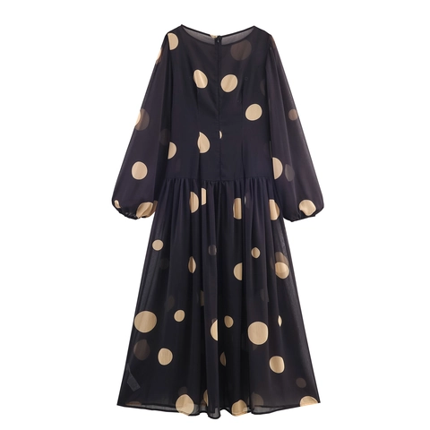 Vestito Maxi A Pois Da Donna Maniche Lunghe Chiffon Spalle Scoperte Vita Alta Elegante Abito Lungo Fluido