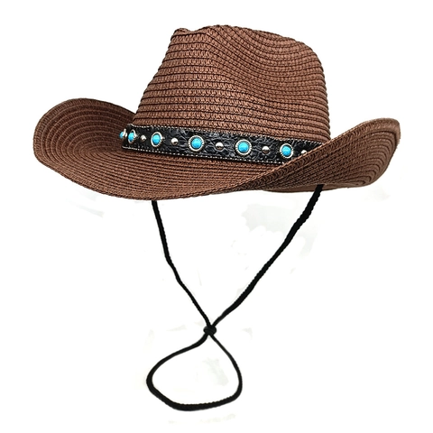 Western Cowboy Straw Hat Turquoise Faux Leather Band Studded Wide Brim Sun Protection Summer Beach Adjustable Wind String