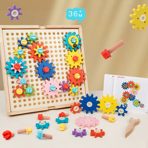 Educational Wooden Gear Puzzle Color Recognition Logic Board Matching Game Toy With Plastic Gears Wrench For Toddlers
