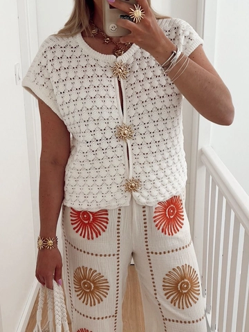 Top Cardigan A Maniche Corte In Maglia Traforata Bottoni Sole Dorati Uncinetto Scollo A V Stile Boho Vacanze Donna