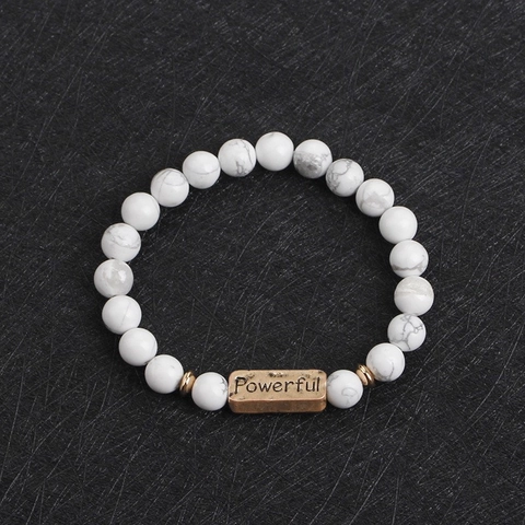 Natural Stone Beaded Bracelet With Alloy Engraved Inspirational Plate Elastic Bohemian Jewelry For Women And Men