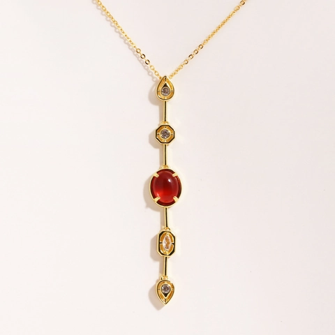 Collana Con Pendente In Rame Placcato Oro Pietra Rossa Zirconia Cubica Bianca Verticale Geometrico Elegante Per Donne