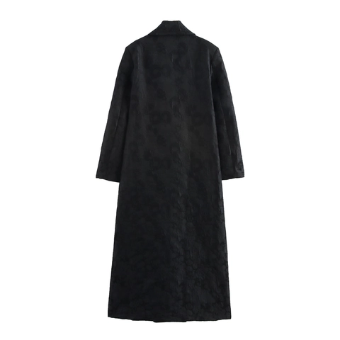 Dames Lange Trenchcoat Jacquard Polyester Double Breasted Pakkraag Elegante Losse Mantel Met Gouden Knopen