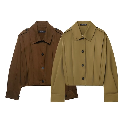 Women Cropped Cargo Jacket Long Sleeve Lapel Button Down Pleated Utility Coat Streetwear Solid Color Blended Twill