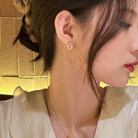 Radiant Flower Stud Earrings 18K Gold Plated Copper Oval Purple Zircon Elegant Vintage Style Silver Earring Post Women