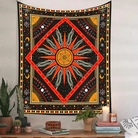 Mystical Celestial Wall Tapestry Polyester Sun Moon Phase Zodiac Sign Print Bohemian Tarot Style Home Bedroom Decor