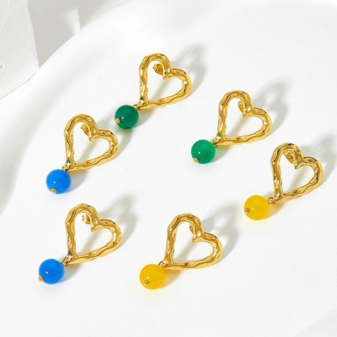 Boucles D'oreilles Pendantes En Cœur Acier Inoxydable Texture Martelée Creuse Perles D'agate Colorées Bijoux Pour Femmes