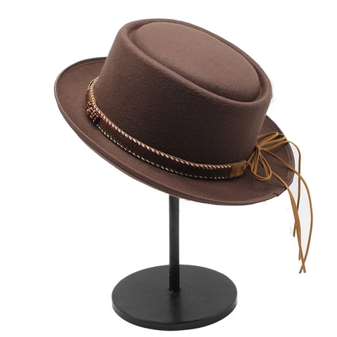 Wool Felt Pork Pie Hat Flat Top Fedora With Woven Band Feather Charm Retro Short Brim For Men Women Casual