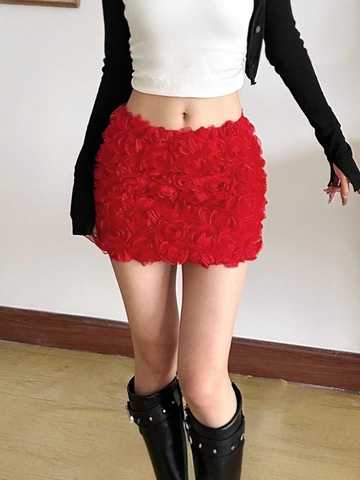 Women Sexy 3D Rose Flower Mini Skirt Nightclub Party Solid Color Polyester Elastane Bodycon