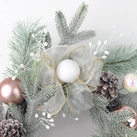 Christmas Wreath Garland Swag Frosted Pine Needle Champagne Gold Ball Ornaments Pine Cone For Front Door Home Party Decor