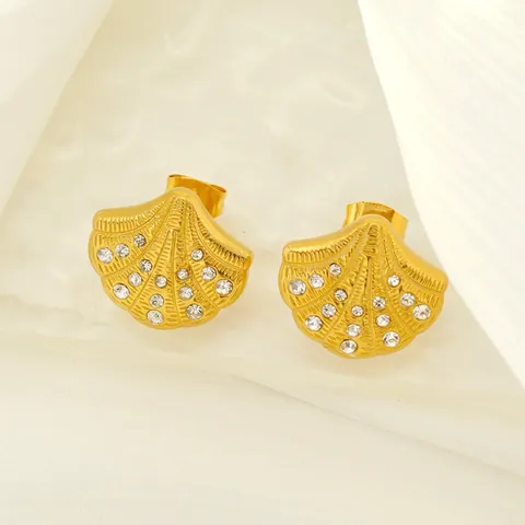 Pendientes De Botón Concha Acero Inoxidable Chapado En Oro 18K Con Diamantes De Imitación Joyería De Moda Para Mujer