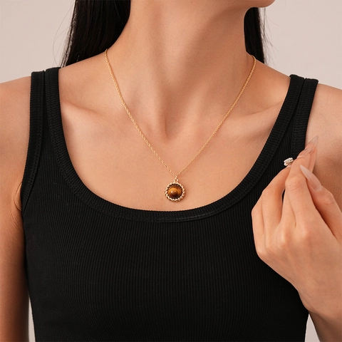 Collar Vintage Con Colgante Redondo De Aleación Con Piedra De Ojo De Tigre Artificial Chapado En Oro Joyería Minimalista Mujer