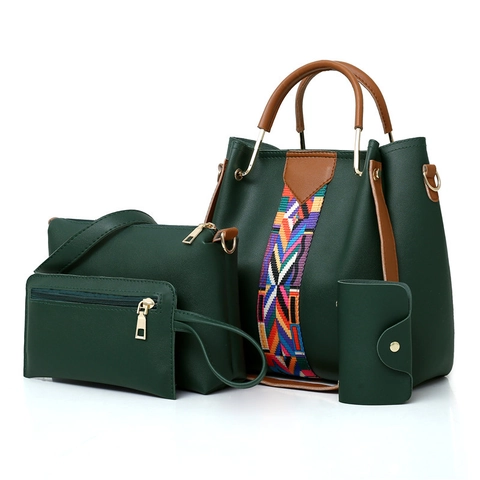 Women Tote Crossbody Bag Clutch Card Holder PU Leather Colorful Geometric Webbing Contrast Stitching Urban Simple Style