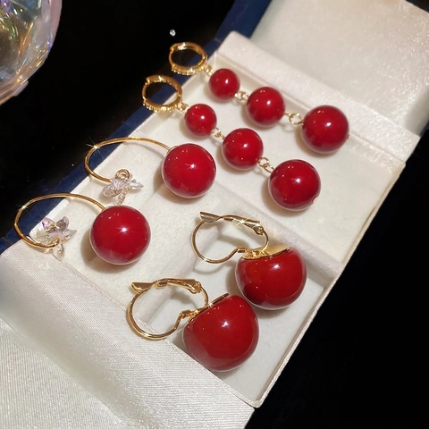 Red Round Bead Resin Dangle Earrings With Silver Earring Post Elegant Festive Gold Plated Jewelry Women