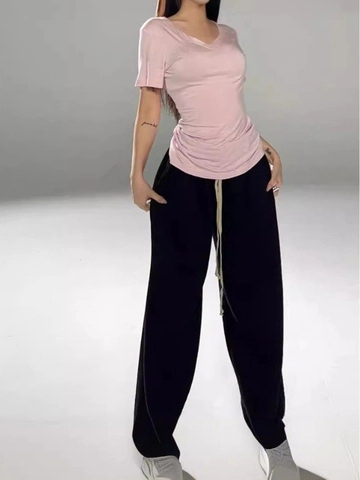 Damen V-Ausschnitt Kurzarm T-Shirt Viskose Elasthan Slim Fit Einfarbig Sexy Top Strukturierte Schulter