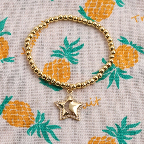 Goud Vergulde Koperen Kralen Armband Dames Zirkonia Ster Maan Hanger Modieuze Elastische Sieraden