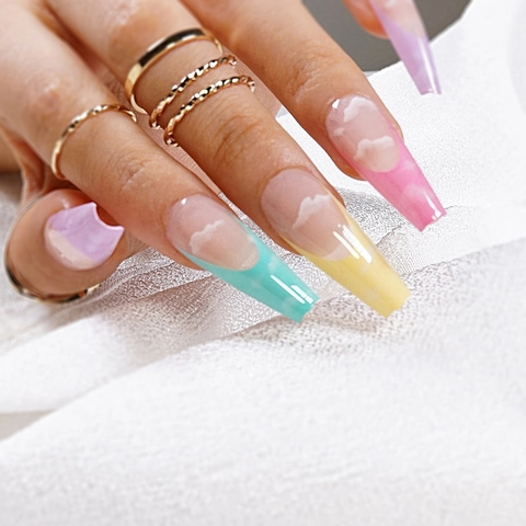 French Gradient Press On Nails Long Coffin Shape Macaron Cloud Pattern Artificial Fingernails Manicure Tool For Women