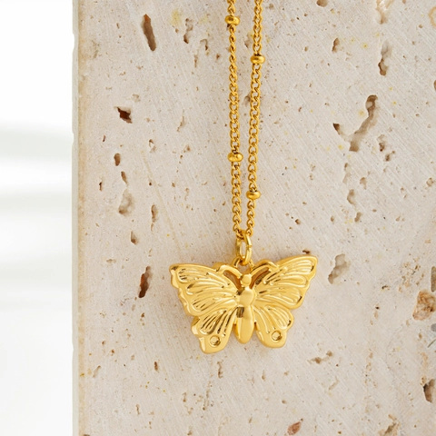 18K Gold Plated Stainless Steel Butterfly Pendant Necklace For Women Elegant Bead Chain Clavicle Necklace Jewelry Gift