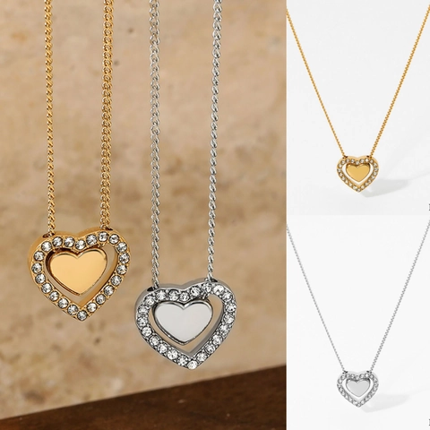 Halskette Mit Verschachteltem Herzanhänger Edelstahl Vergoldet Strass Herzen Modeschmuck Für Damen