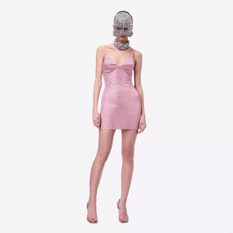 Sexy Pink Sequin Polka Dot Mini Bodycon Dress Backless Camisole V-Neck Slimming High Waist Evening Party For Women