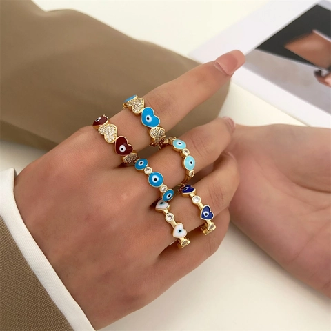 Evil Eye Herz Offener Ring Kupfer Vergoldet Emaille Zirkon Verstellbarer Schmuck Für Frauen Boho Vintage Stil