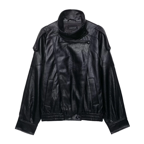 Giacca Biker In Similpelle Da Donna Collo Alto Cerniera Asimmetrica Cappotto Moto Con Spalline Vintage Nero Streetwear